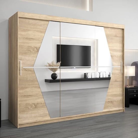 Product photograph of Beloit Mirrored Wardrobe 3 Sliding Doors 250cm In Sonoma Oak from Furniture in Fashion