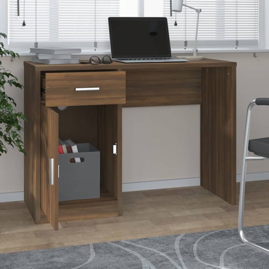 Beloit Wooden Laptop Desk With 1 Door 1 Drawer In Brown Oak