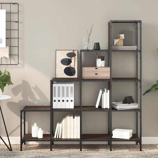 Belper Wooden Bookcase With 10 Shelves In Brown Oak