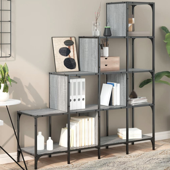 Belper Wooden Bookcase With 10 Shelves In Grey Sonoma