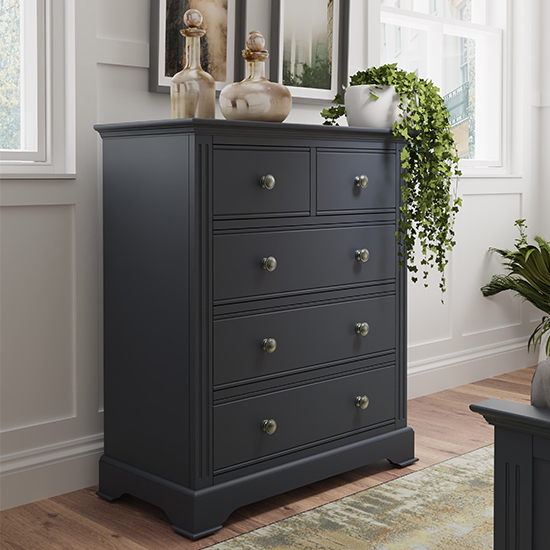 Product photograph of Belton Wooden Chest Of 5 Drawers In Midnight Grey from Furniture in Fashion