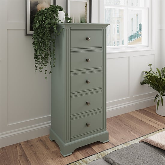 Product photograph of Belton Narrow Wooden Chest Of 5 Drawers In Cactus Green from Furniture in Fashion