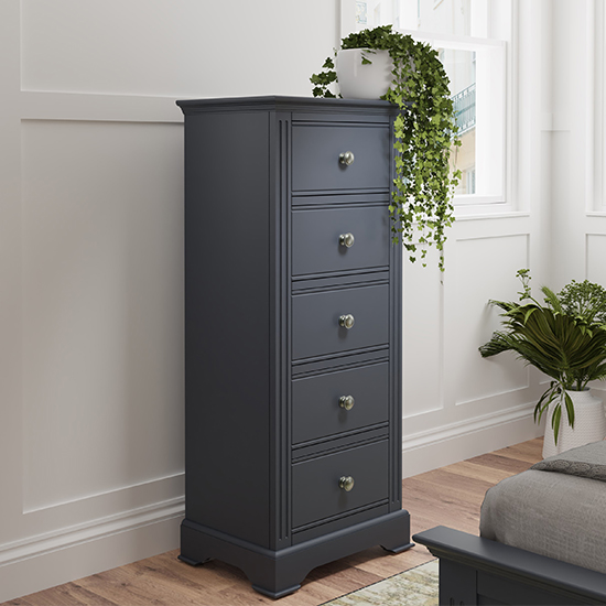 Belton Narrow Wooden Chest Of 5 Drawers In Midnight Grey thumbnail