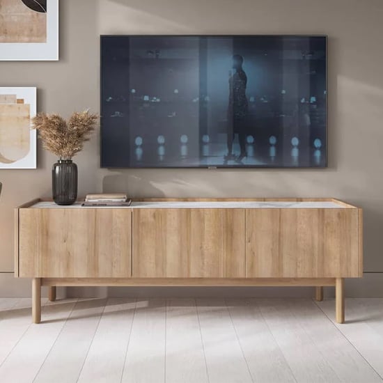 Product photograph of Belton Wooden Tv Stand With 3 Doors In Riviera Oak from Furniture in Fashion