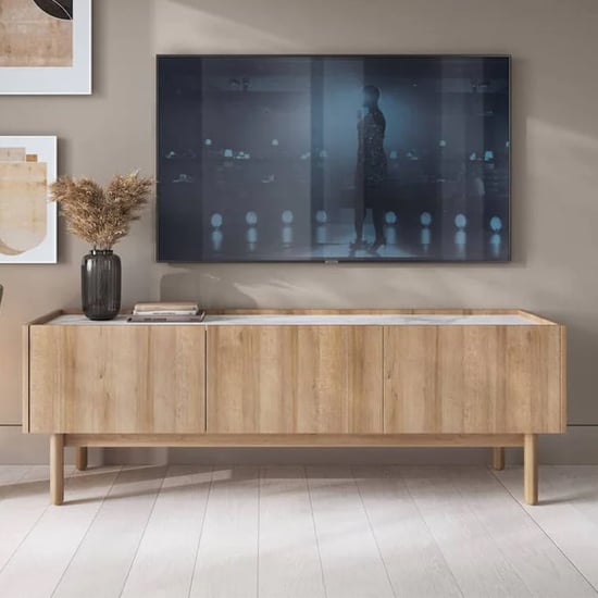 Belton Wooden TV Stand With 3 Doors In Riviera Oak