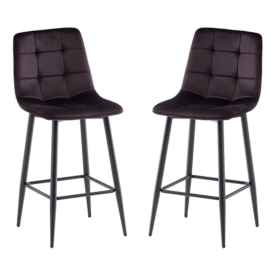 Product photograph of Belva Aubergine Velvet Fabric Counter Bar Stools In Pair from Furniture in Fashion
