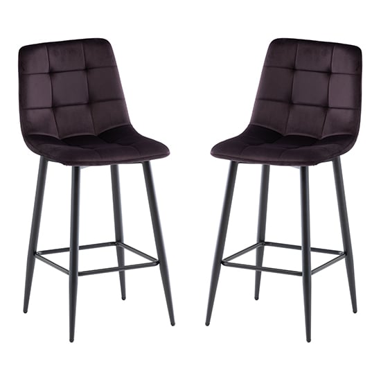 Belva Aubergine Velvet Fabric Counter Bar Stools In Pair