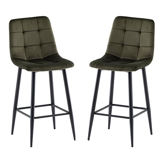 Belva Juniper Green Velvet Fabric Counter Bar Stools In Pair