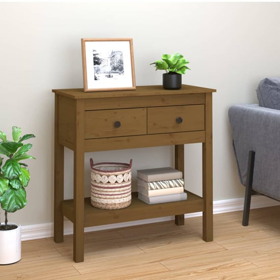 Read more about Belva pine wood console table with 2 drawer in honey brown