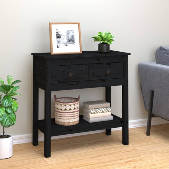 Belva Pine Wood Console Table With 2 Drawers In Black
