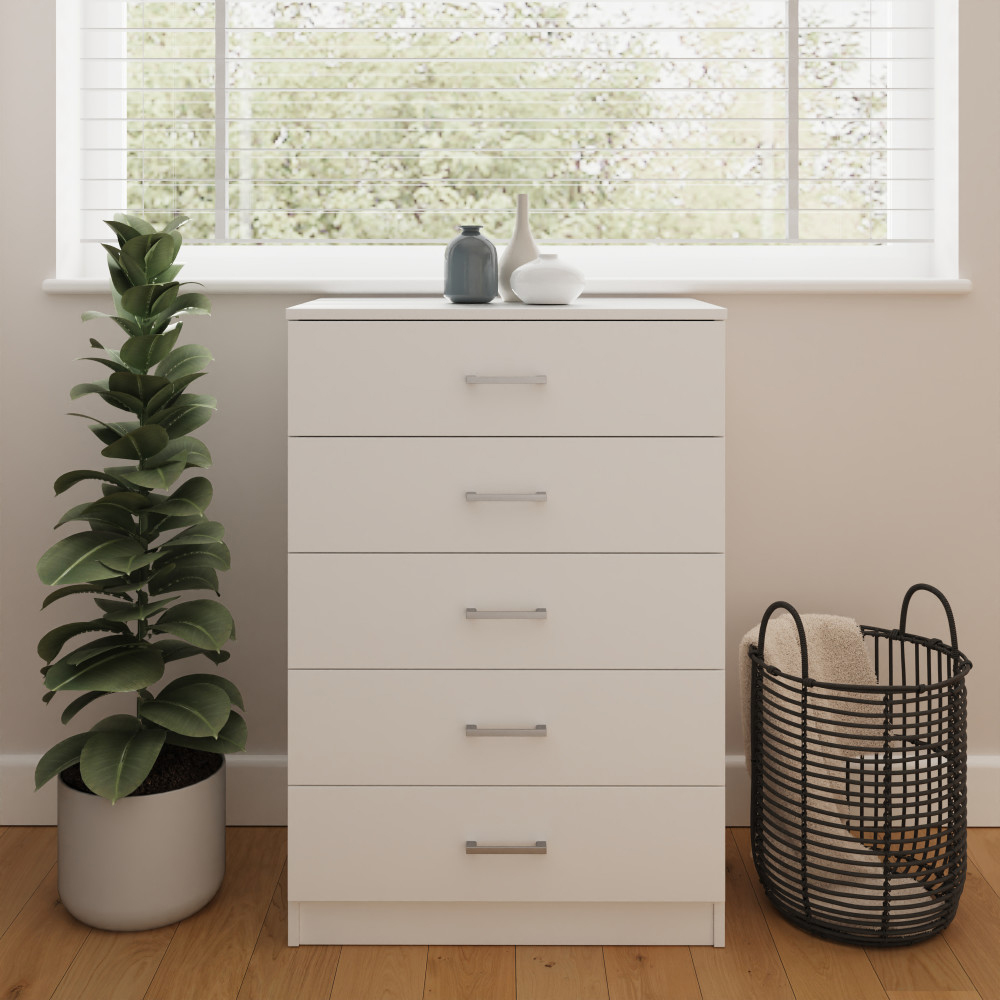 Belvian Tall Wooden Chest Of 5 Drawers in White