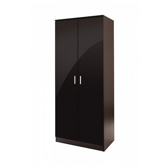 Ottershaw Wooden Wardrobe In Black High Gloss And Oak Frame