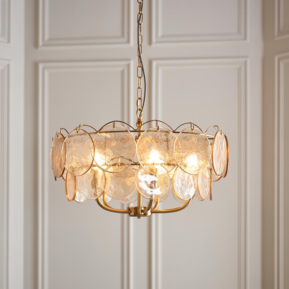Bemidji 5 Light Textured Glass Pendant Light In Brushed Aged Brass