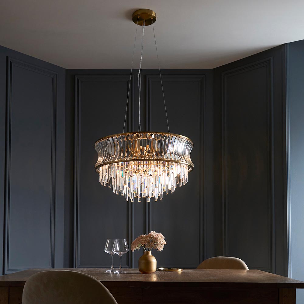 Bemidji 9 Light Crystal Clear Pendant Ceiling Light In Brushed Brass