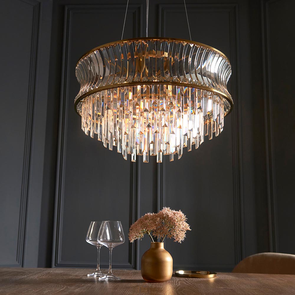 Bemidji 9 Light Crystal Clear Pendant Ceiling Light In Brushed Brass
