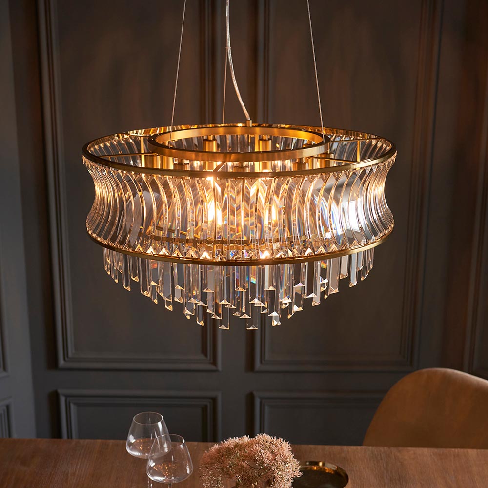 Bemidji 9 Light Crystal Clear Pendant Ceiling Light In Brushed Brass