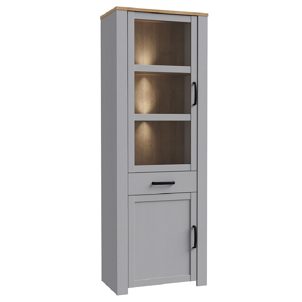 Bemidji LED Wooden Display Cabinet With 1 Drawer In Grey Oak