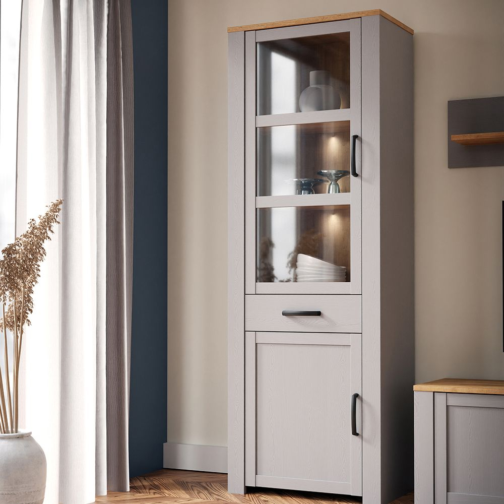 Bemidji LED Wooden Display Cabinet With 1 Drawer In Grey Oak