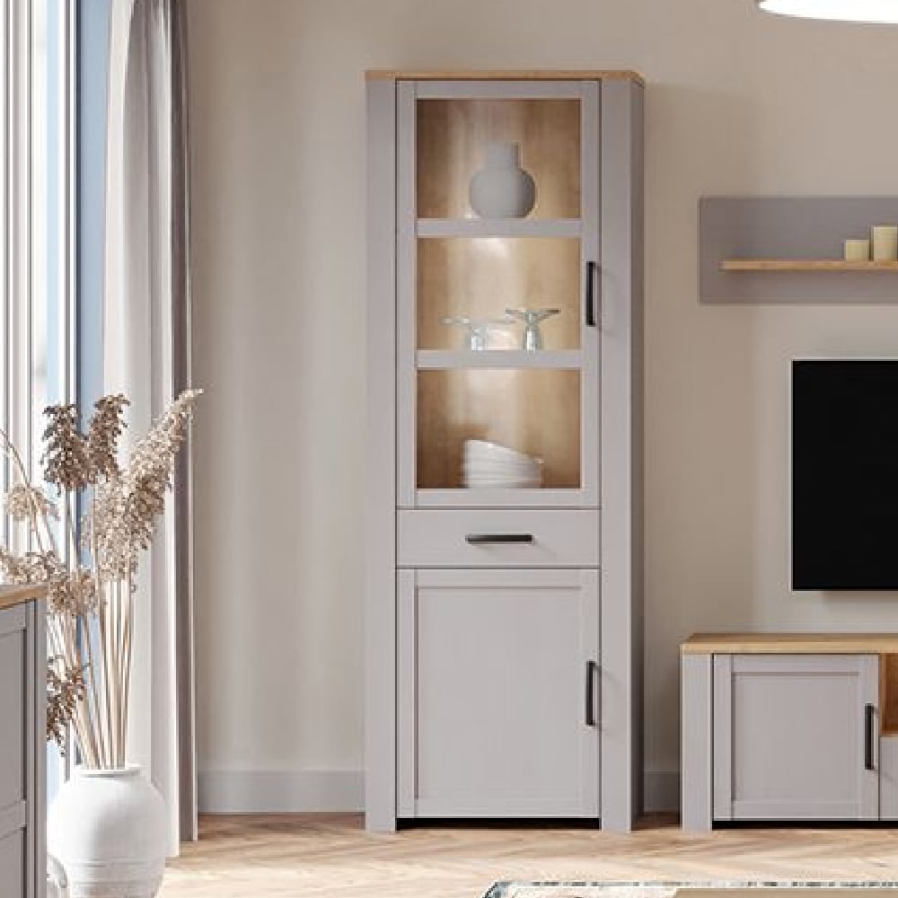 Read more about Bemidji led wooden display cabinet with 1 drawer in grey oak