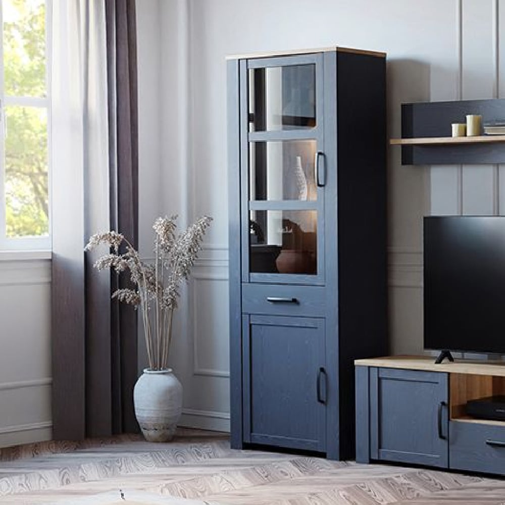 Read more about Bemidji led wooden display cabinet with 1 drawer in navy oak