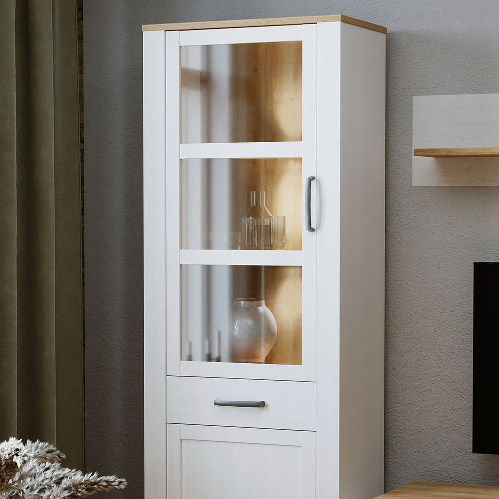 Bemidji LED Wooden Display Cabinet With 1 Drawer In White Oak