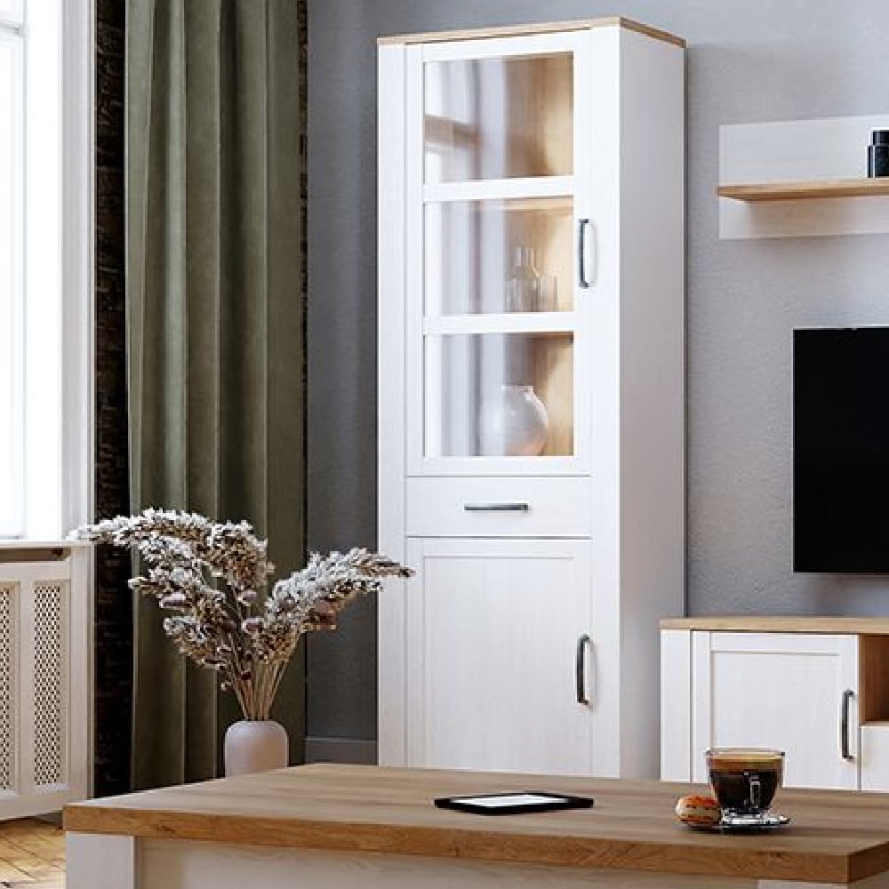 Read more about Bemidji led wooden display cabinet with 1 drawer in white oak