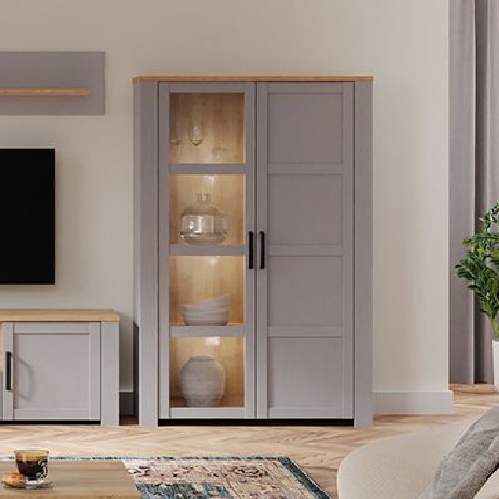 Read more about Bemidji led wooden display cabinet with 2 doors in grey and oak