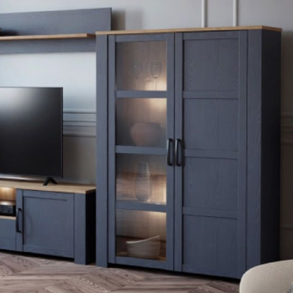 Read more about Bemidji led wooden display cabinet with 2 doors in navy and oak