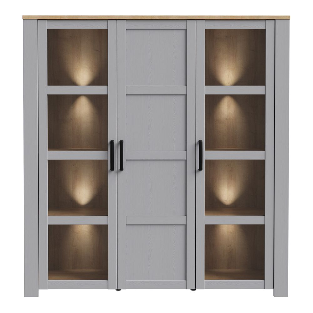 Bemidji LED Wooden Display Cabinet With 3 Doors In Grey And Oak