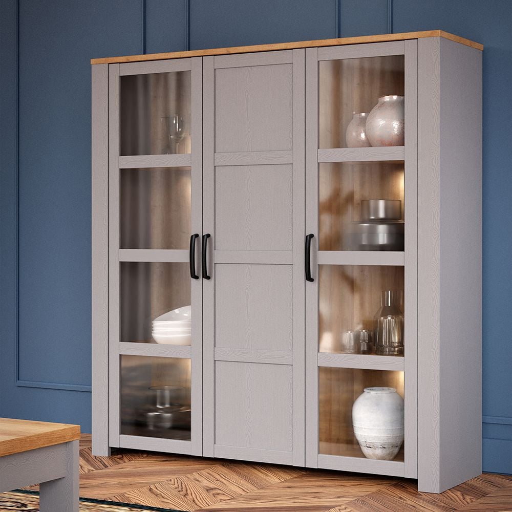 Read more about Bemidji led wooden display cabinet with 3 doors in grey and oak