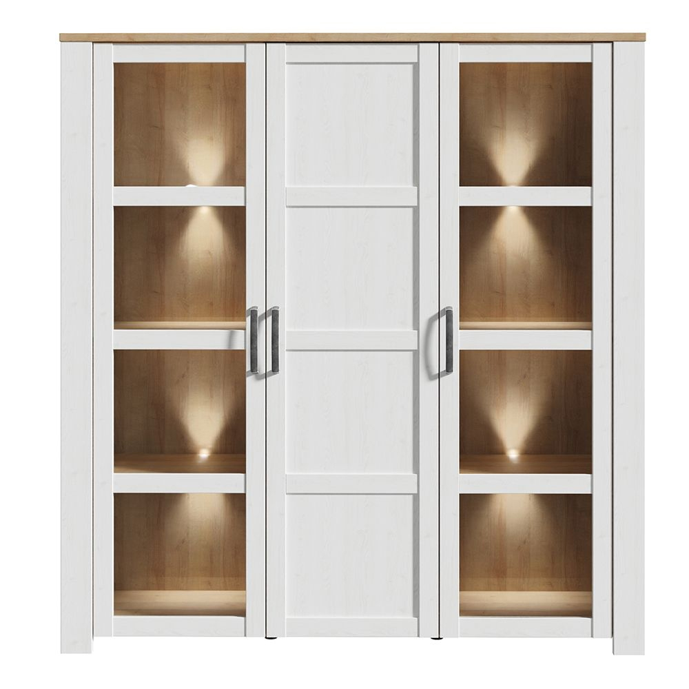 Bemidji LED Wooden Display Cabinet With 3 Doors In White And Oak