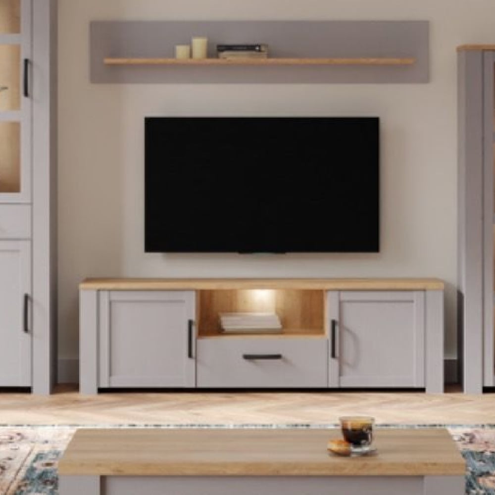 Read more about Bemidji led wooden tv stand with 2 doors in grey and oak