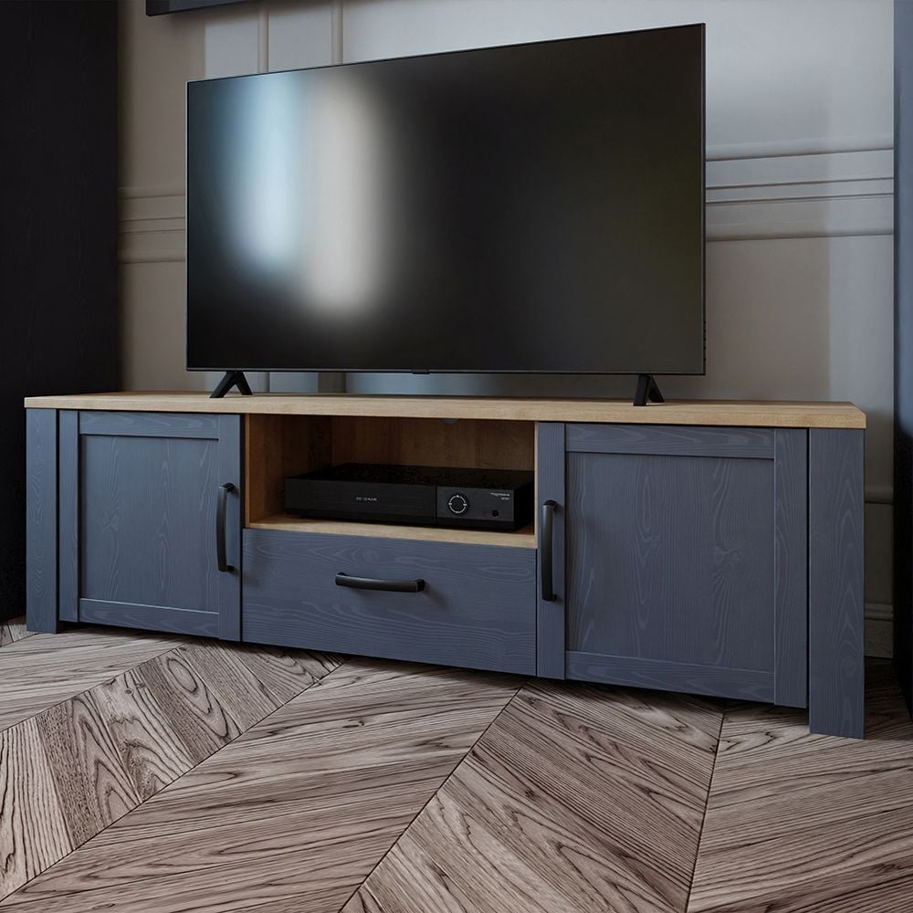 Read more about Bemidji led wooden tv stand with 2 doors in navy and oak