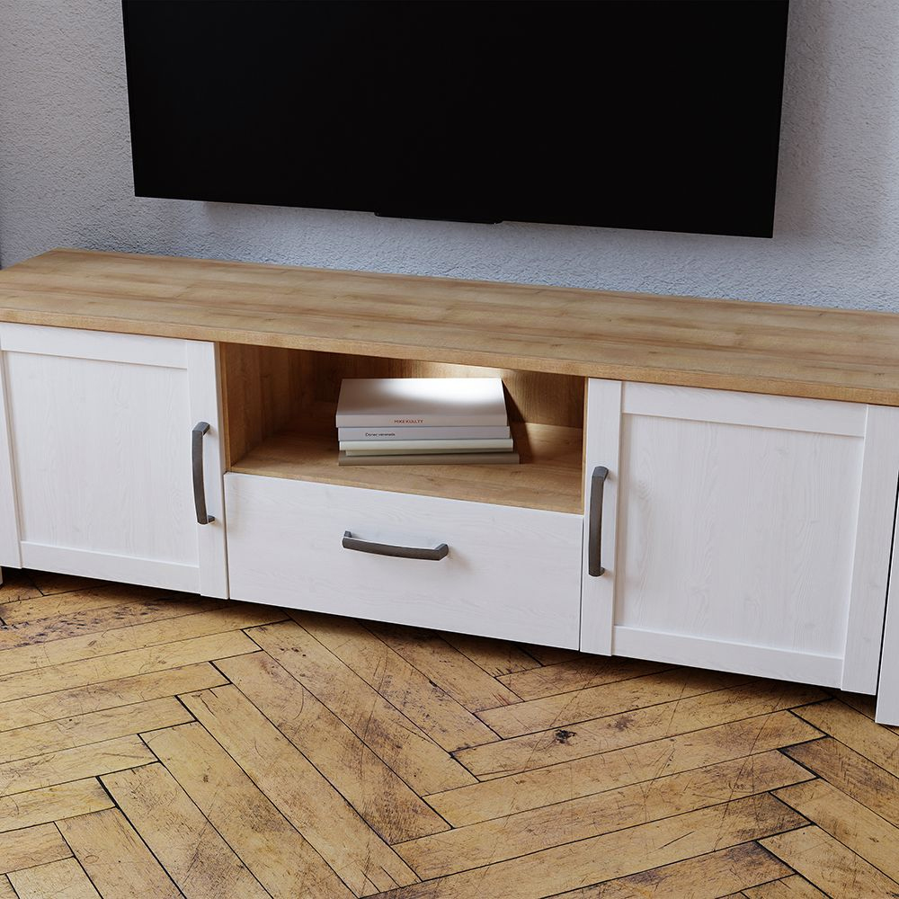 Bemidji LED Wooden TV Stand With 2 Doors In White And Oak