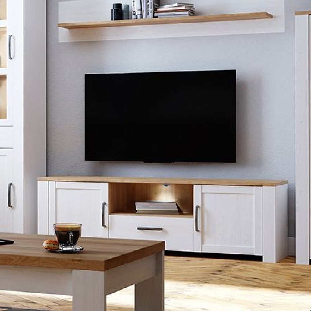 Read more about Bemidji led wooden tv stand with 2 doors in white and oak