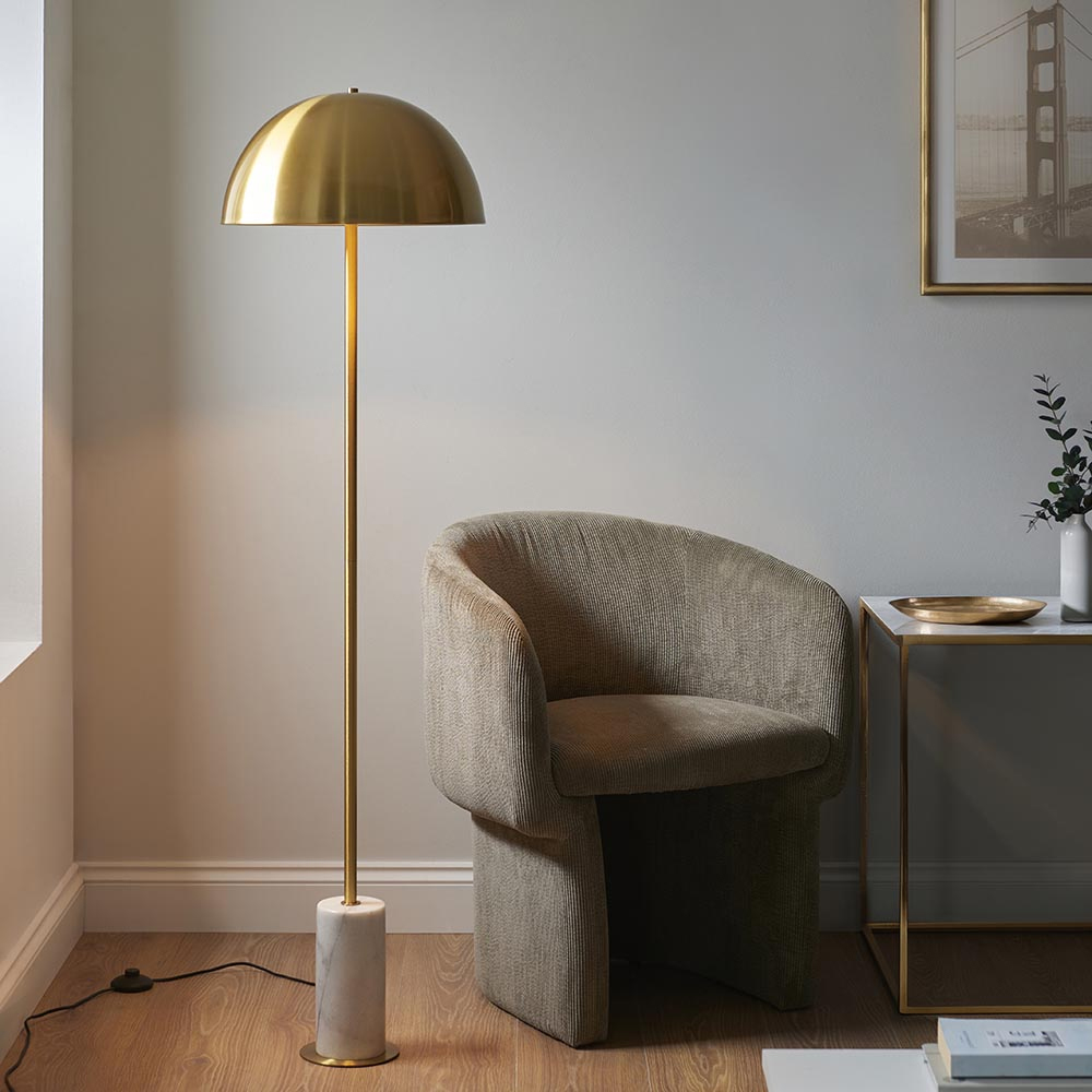 Read more about Bemidji metal floor lamp in brass with white marble base