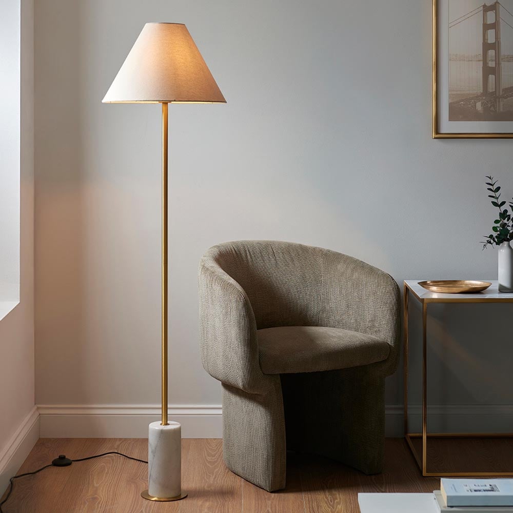 Read more about Bemidji natural linen fabric shade floor lamp in brass