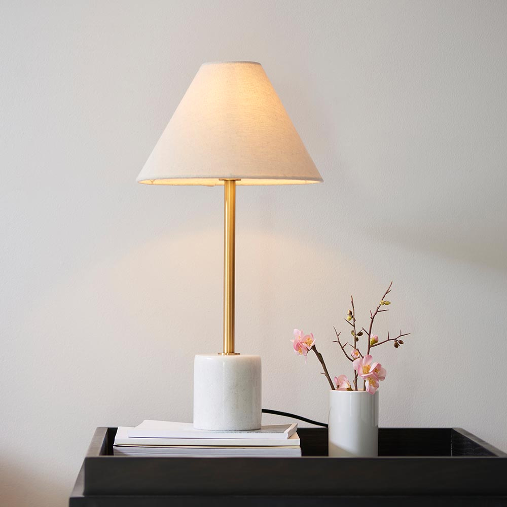 Read more about Bemidji natural linen fabric shade table lamp in brass