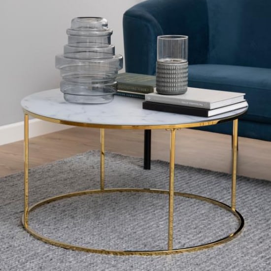 Read more about Bemidji white marble effect glass coffee table with gold legs