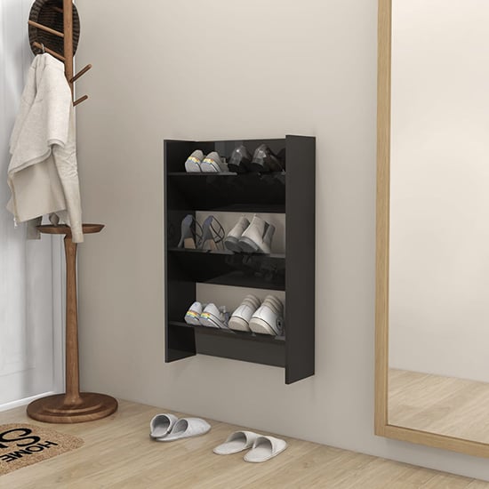 Photo of Benicia wall high gloss shoe cabinet with 3 shelves in black