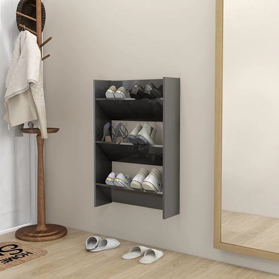 Benicia Wall High Gloss Shoe Cabinet With 3 Shelves In Grey_1
