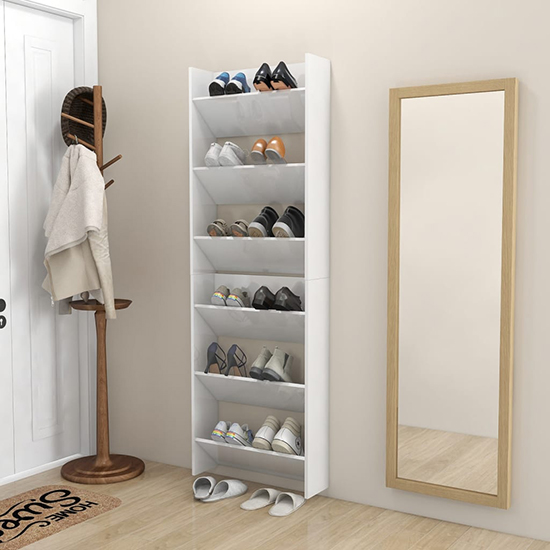 Photo of Benicia wall high gloss shoe cabinet with 6 shelves in white