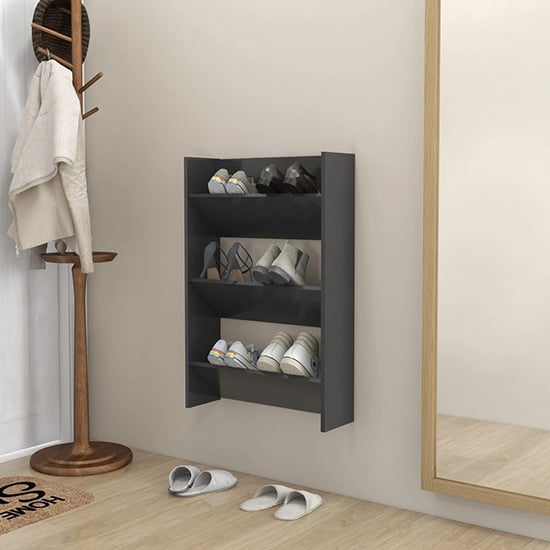 Benicia Wall Wooden Shoe Cabinet With 3 Shelves In Grey