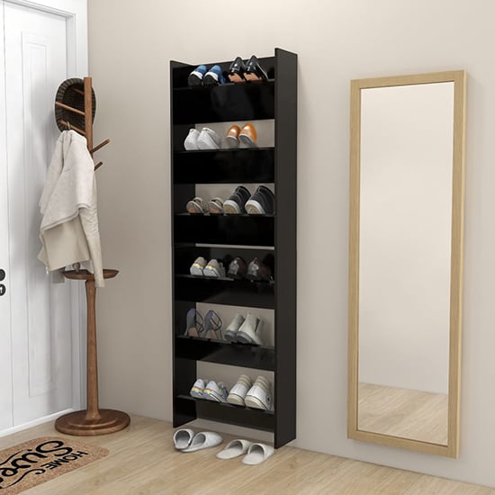 Photo of Benicia wall wooden shoe cabinet with 6 shelves in black