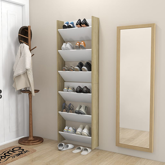 Read more about Benicia wall wooden shoe cabinet with 6 shelves in white oak