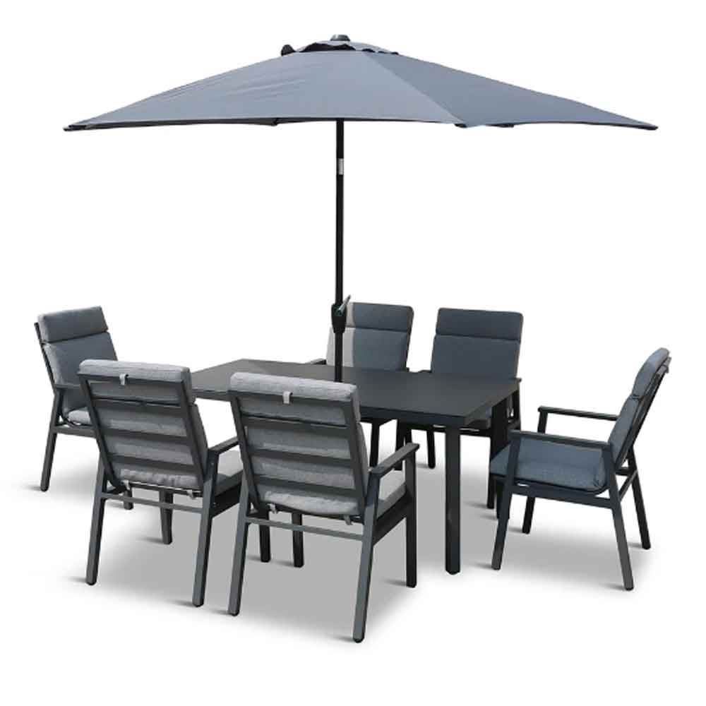 Benoit Aluminium Garden 6 Seater Dining Set with Parasol in Dark Grey