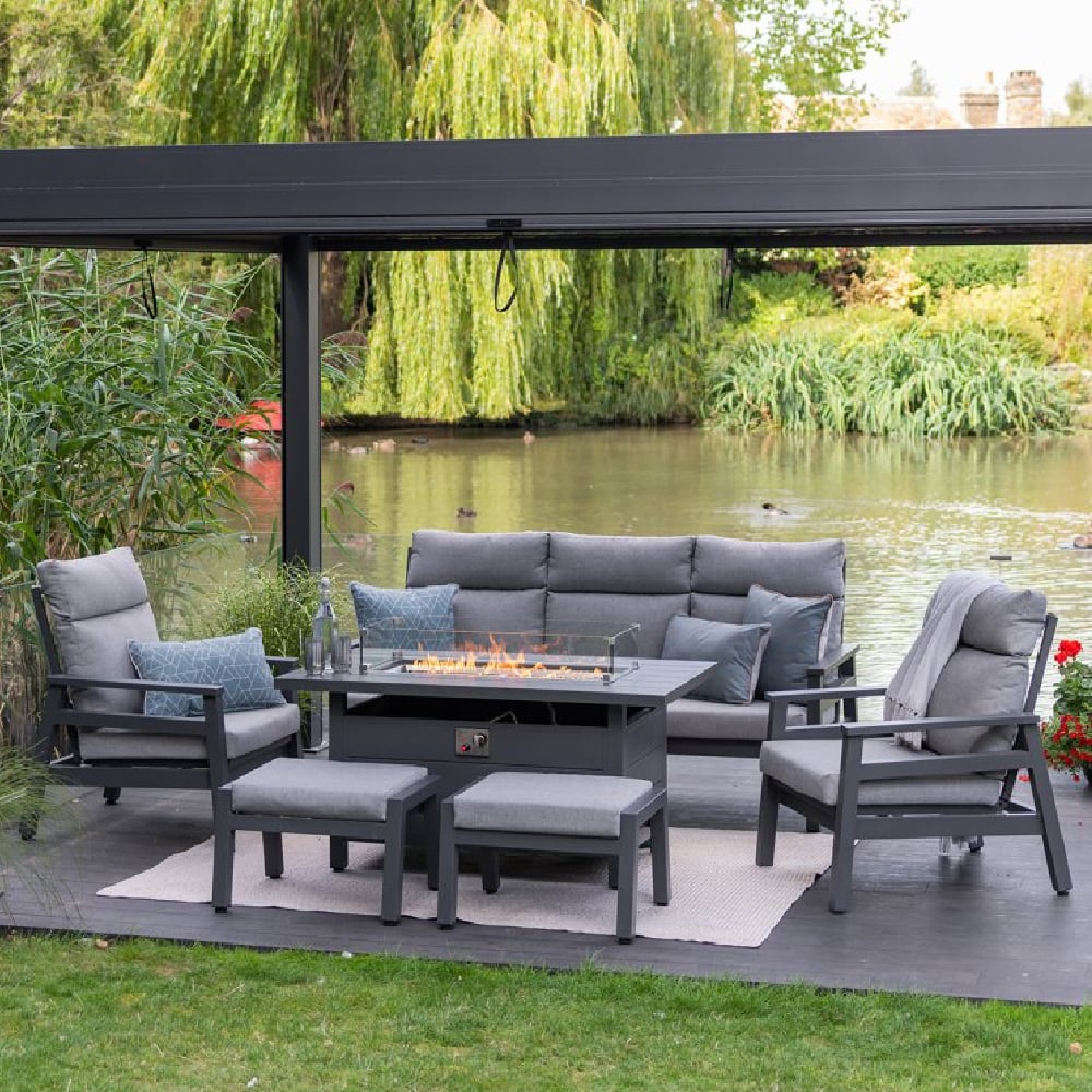 Benoit Aluminium Garden Dining Set With Gas Firepit In Grey