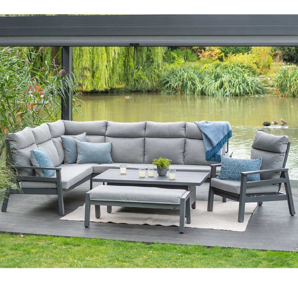Benoit Aluminium Garden Dining Set With Lounge Chair In Grey