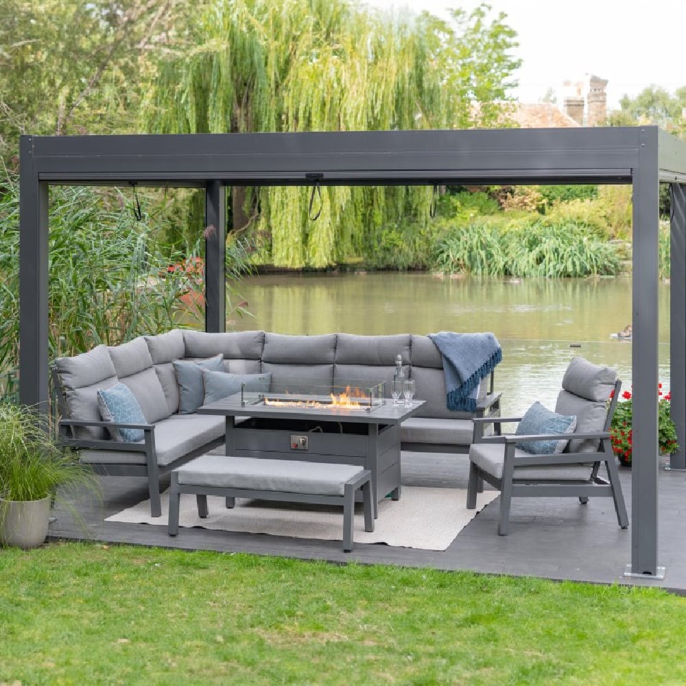 Benoit Aluminium Garden Modular Dining Set With Firepit In Grey