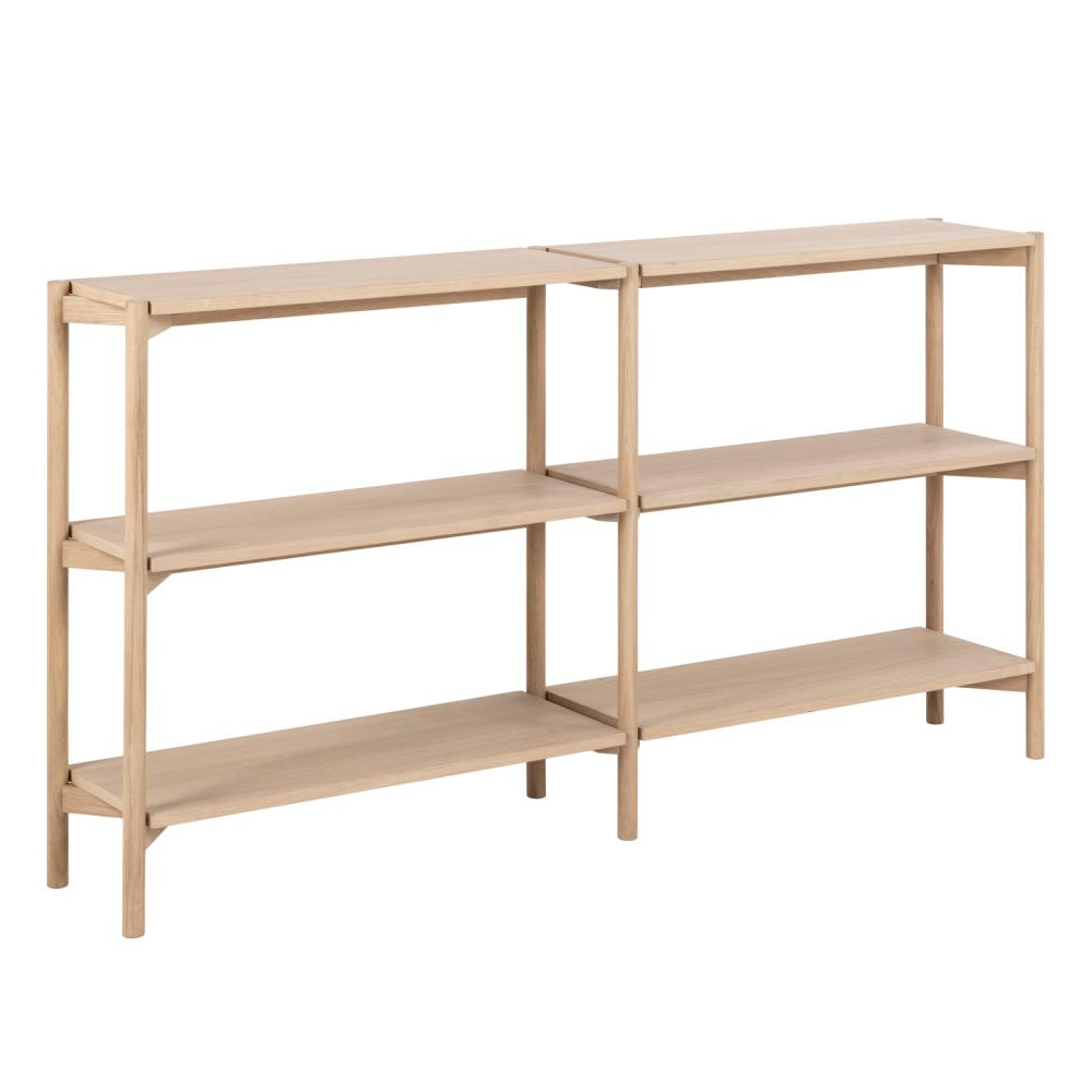 Benson Wide Wooden Bookcase With 4 Shelves In White Oak